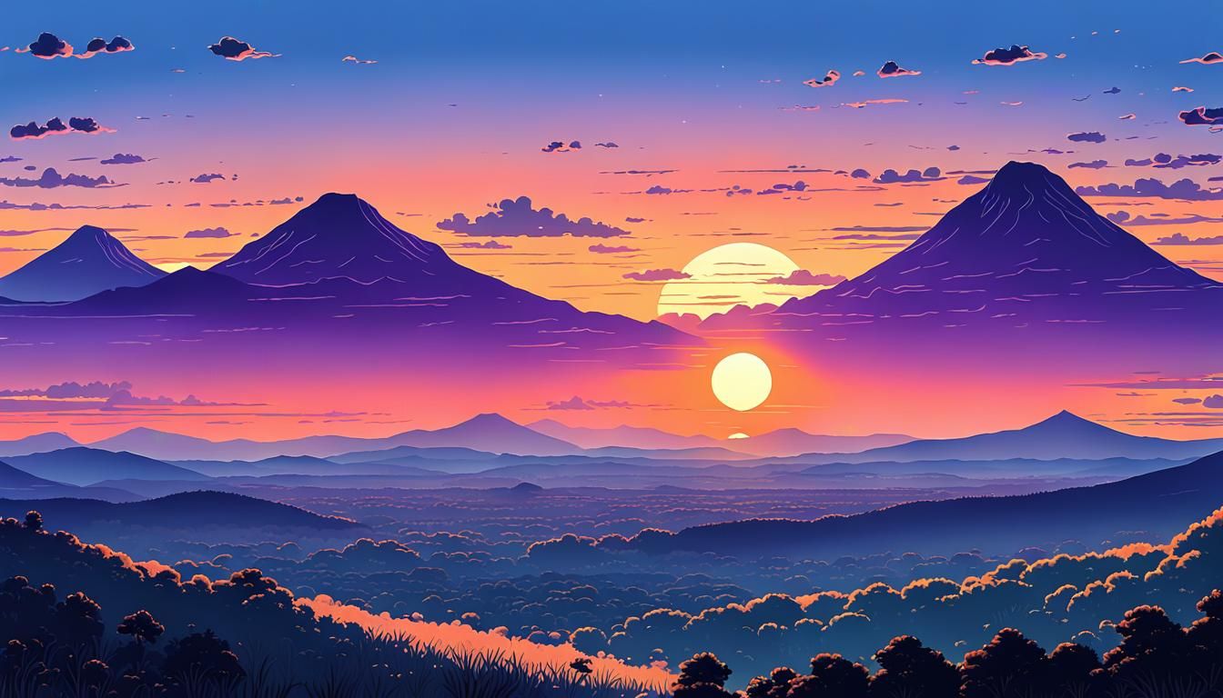 Anime Landscape: Purple Mountains and Orange Sunrise