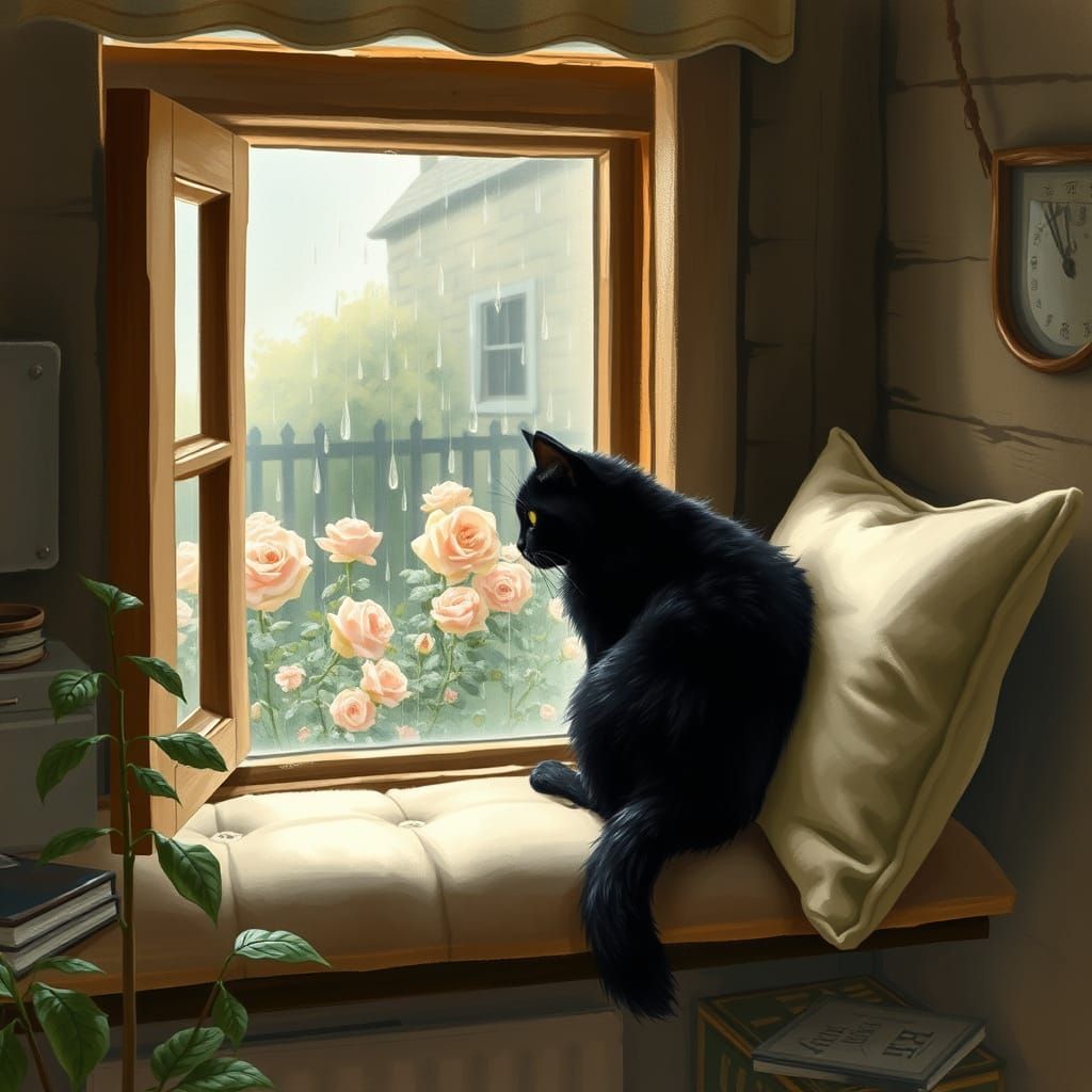 Black Cat in Cozy Cottage Garden: Impressionistic Style