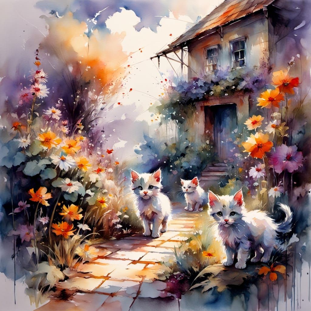Kittens Frolicking in Garden Path Watercolour Art