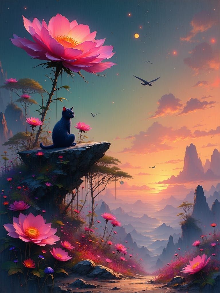 Cosmic Cat on Luminous Asteroid Flowers in 3D Render Style