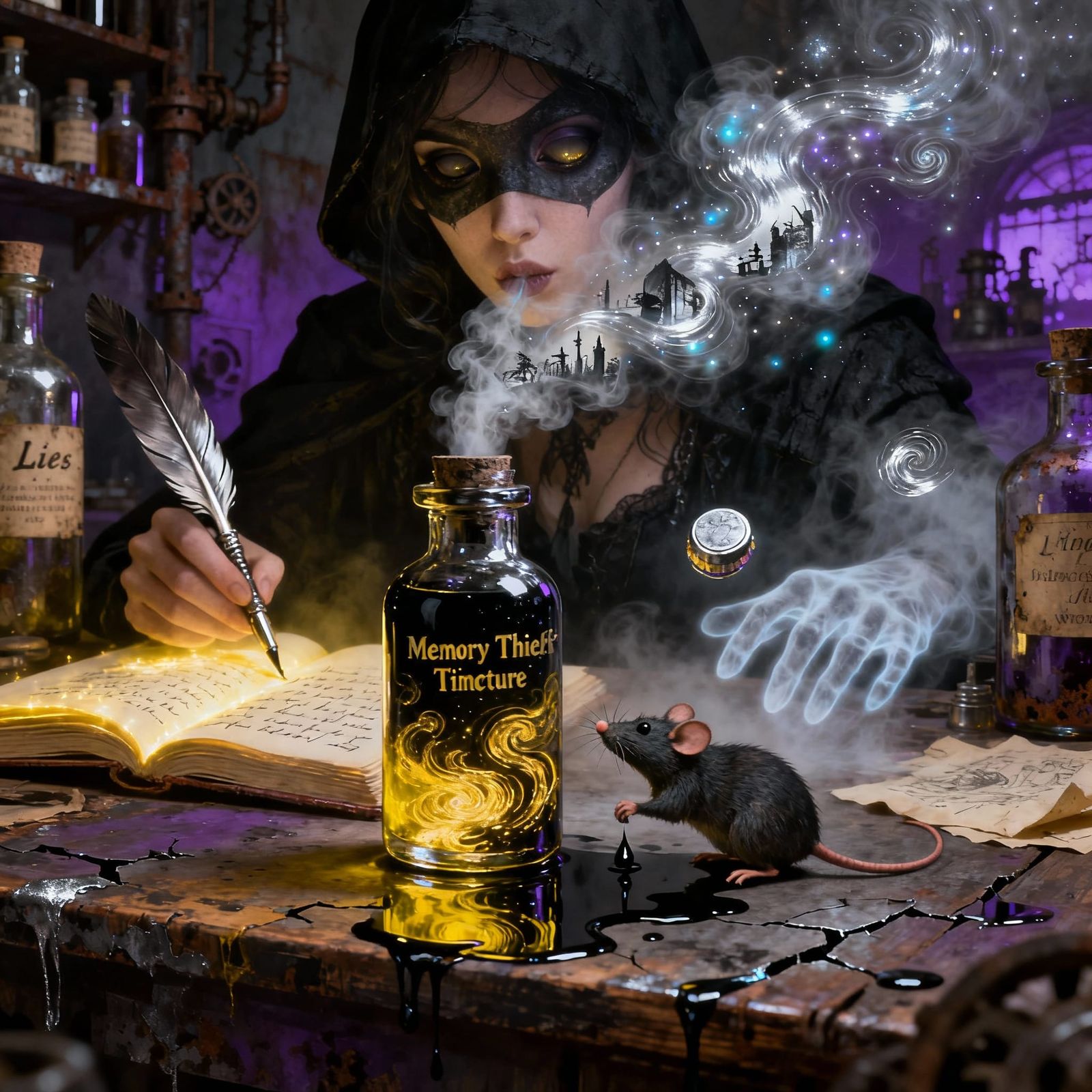 Surrealist Noir Potion with Swirling Ink and Gold