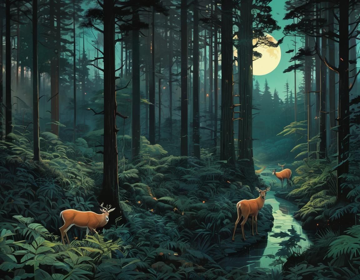 Deer in Rainforest with Crumbling Moon