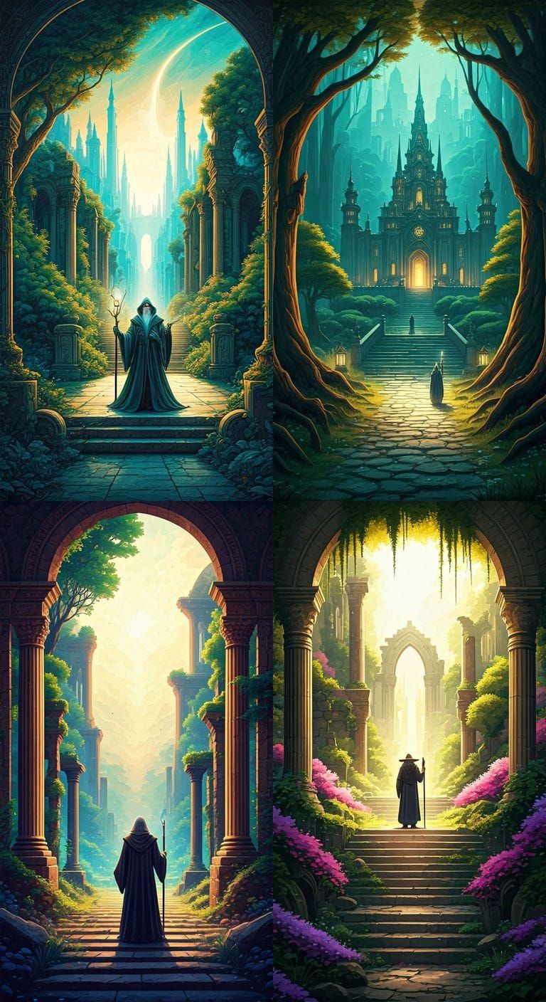 Wizard's Journey Through an Ethereal, Fantastical Landscape