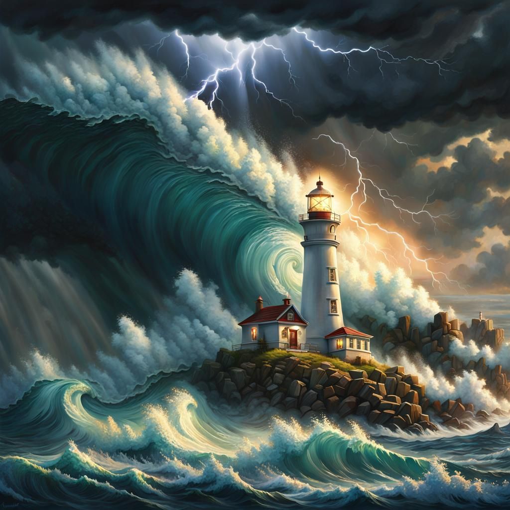 Lighthouse Under Stormy Skies: A Digital Painting
