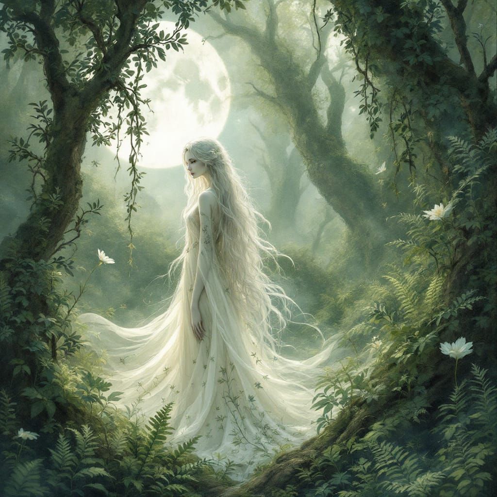 Ethereal Queen in Mystical Forest, Watercolor Art