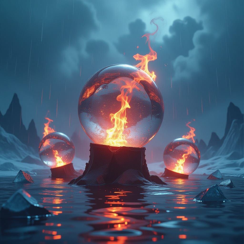 Fiery Crystal Balls Plunge into Icy Blood Red Waters