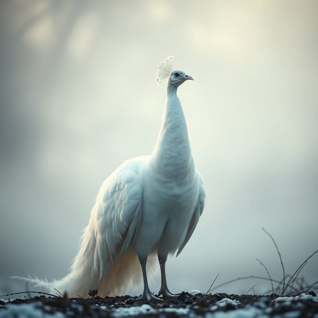 Majestic White Peacock in Winter Dawn