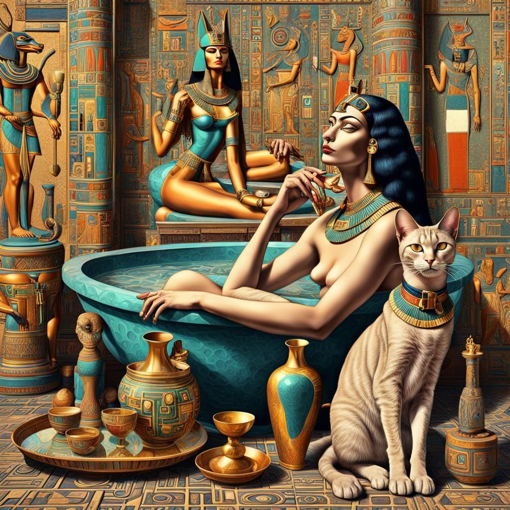 Egyptian pharaoh bathing in a luxurious room Walls and mirror with hieroglyphic symbols. An Egyptian cat with an Egyptia...