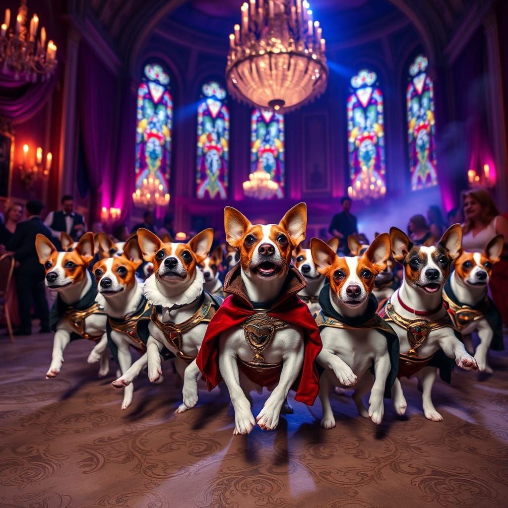A bunch of jack russell terrier dogs attending a rave that is themed after the renaissance era