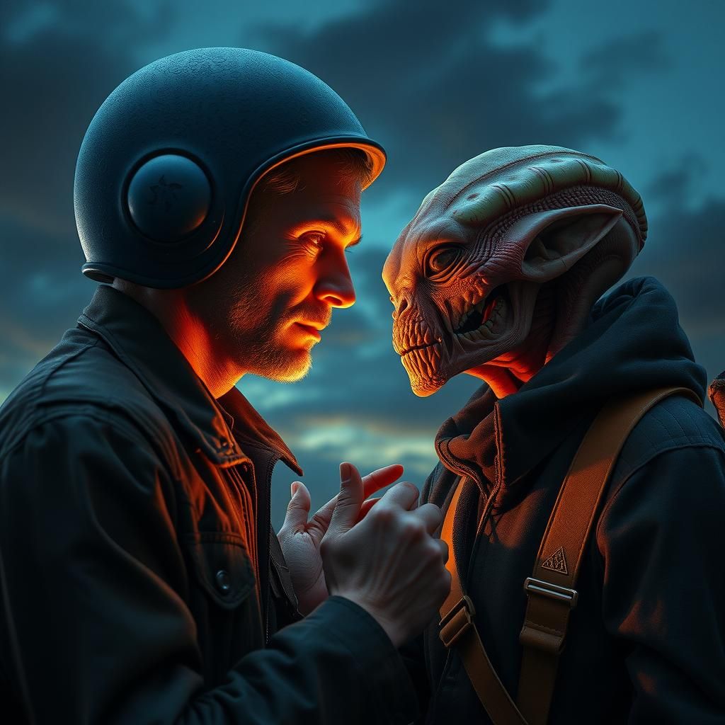 Man and Alien Handshake in Surreal Style