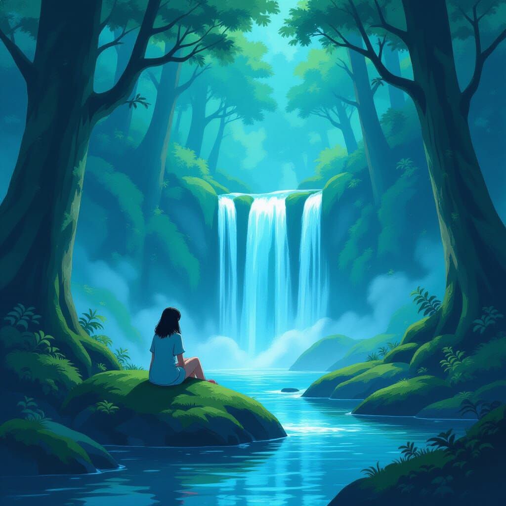 Serene Forest Clearing with Bioluminescent Waterfall
