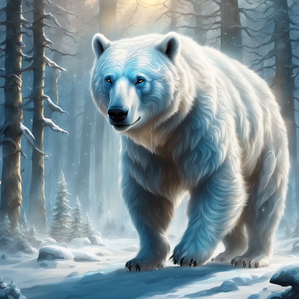 Majestic White Bear with Blue Aura in Snowy Forest