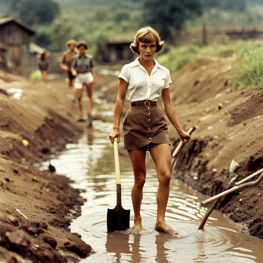 1960s Women in Miniskirts Wading Through Ditch