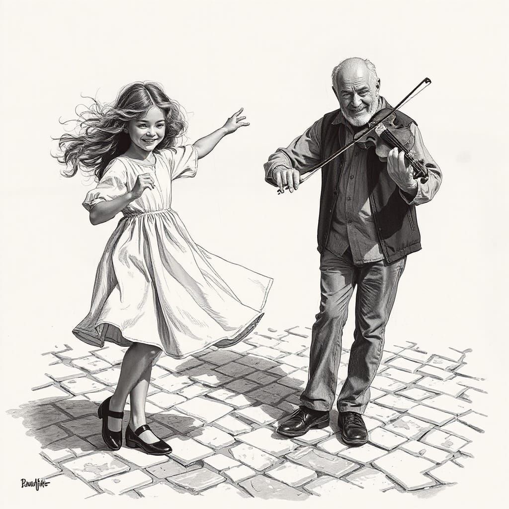 Girl Dances to Violin in Expressive Black and White Sketch