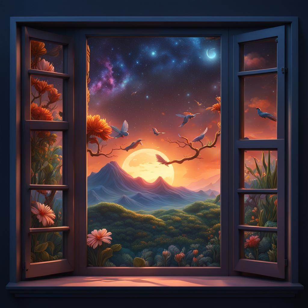 Night Sky Window View: Detailed Matte Painting