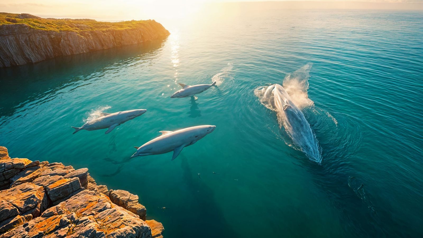 Beluga Whales Play in Morning Light
