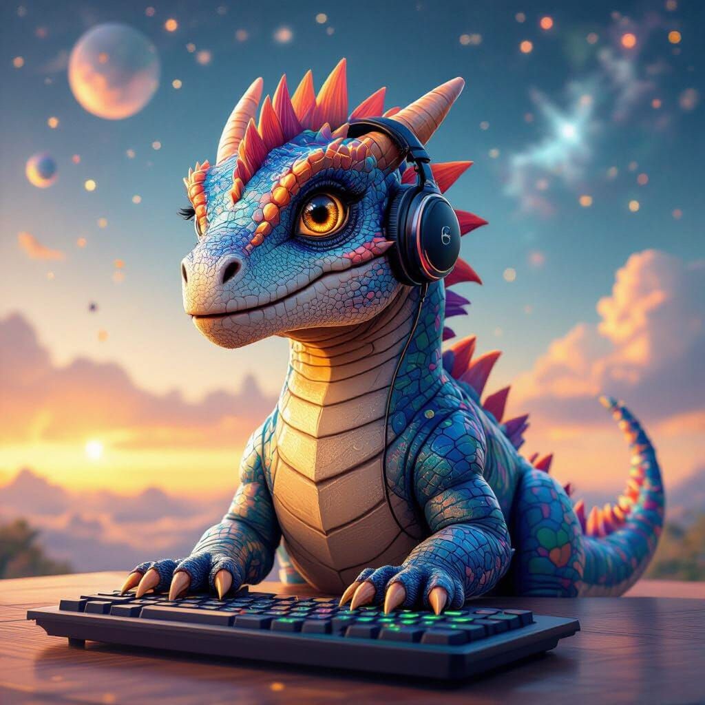 Iridescent Dinosaur Dragon in Cyberpunk Style Typing