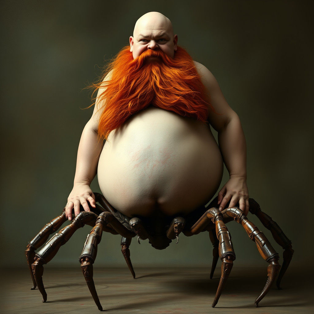 Grotesque Bald Man with Ginger Beard and Spider Legs