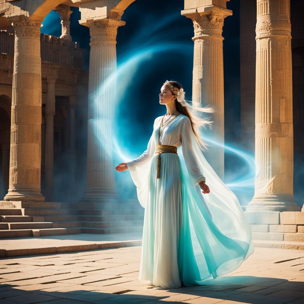 Ethereal Woman Teaching Wisdom in Ancient City