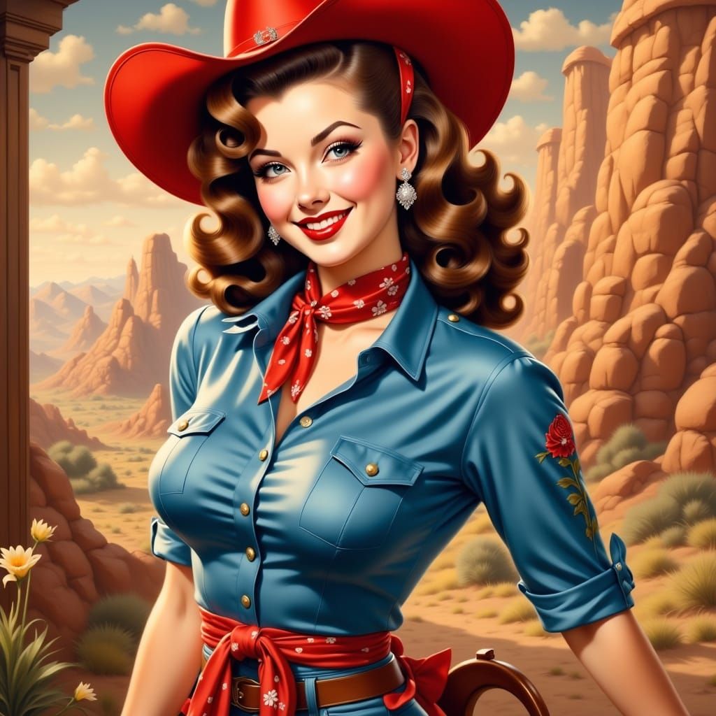Mid-Century Cowgirl Pinup in Desert Landscape