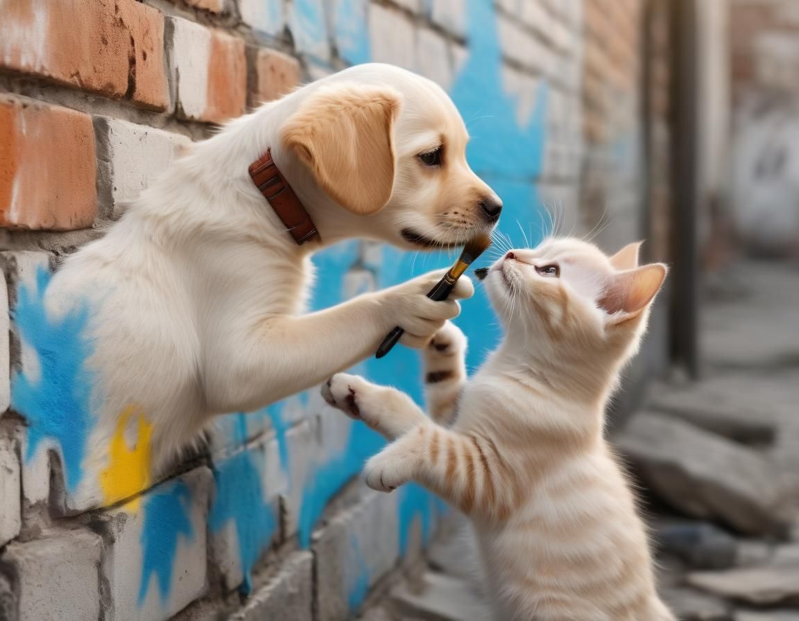 Puppy Paints Kitten Graffiti in Surreal Style