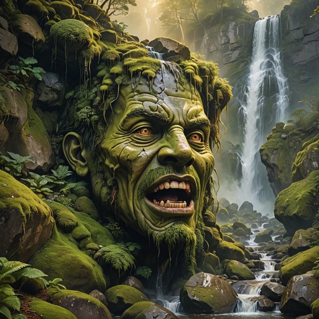 Fantasy Art: Giant Rock Face with Waterfall