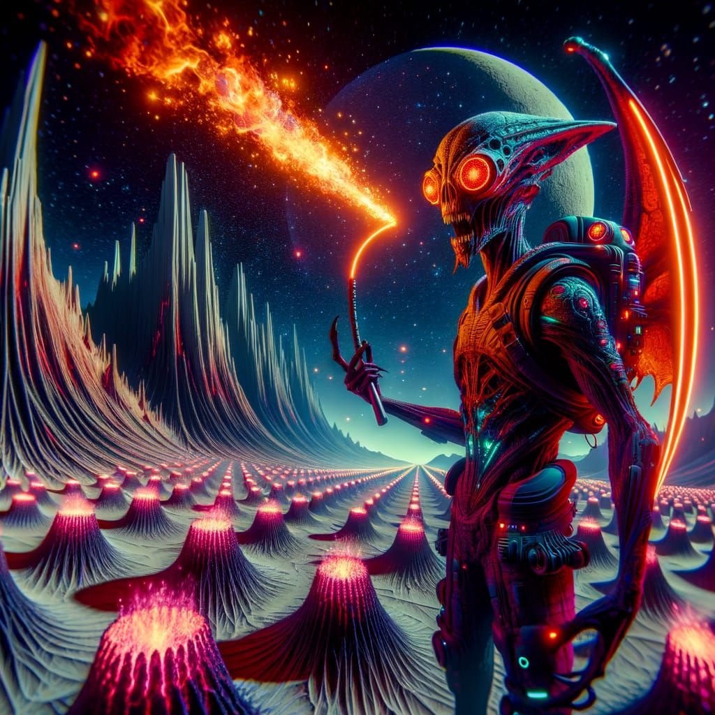 Cyberpunk Alien Warrior in Retro Futuristic Landscape