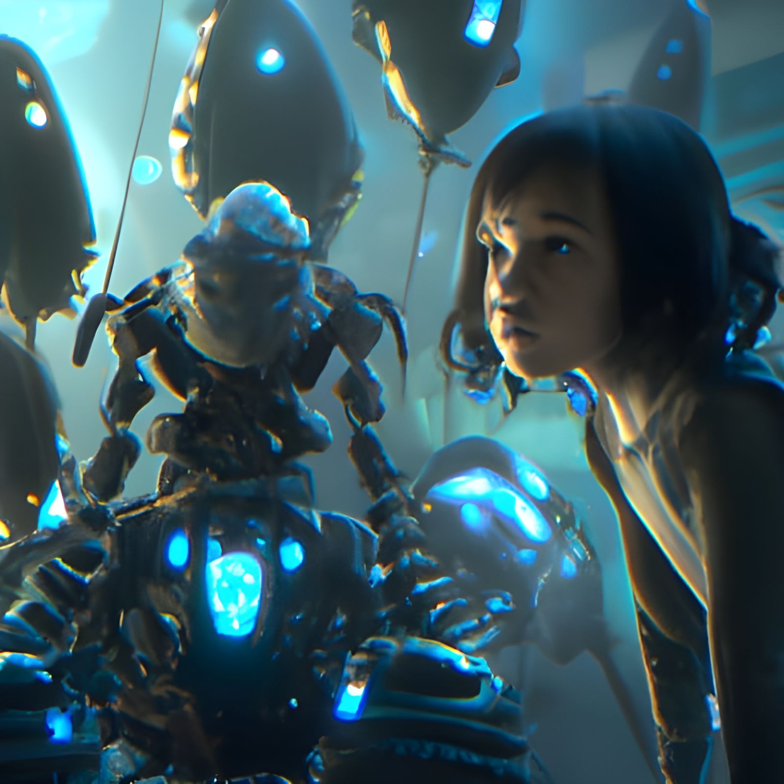 Girl Observes Tiny Robots in Dark Fantasy Style