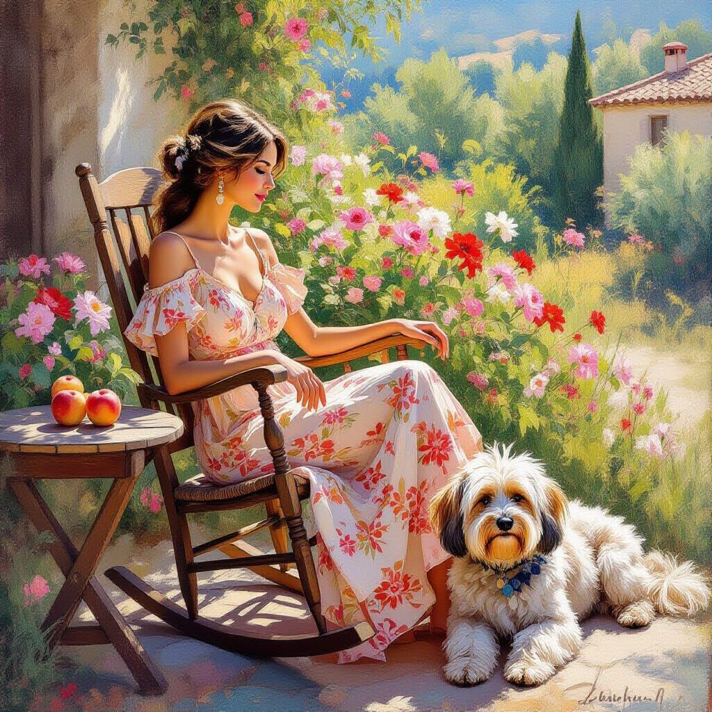 Serene Woman in Provence Garden, Impressionistic Style