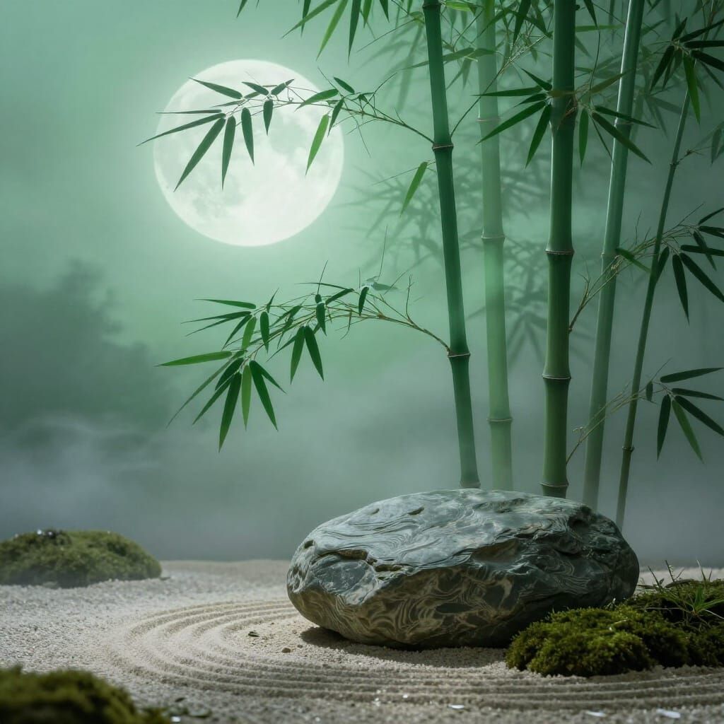 Zen Garden Bamboo Double Exposure with Emerald Moonlight
