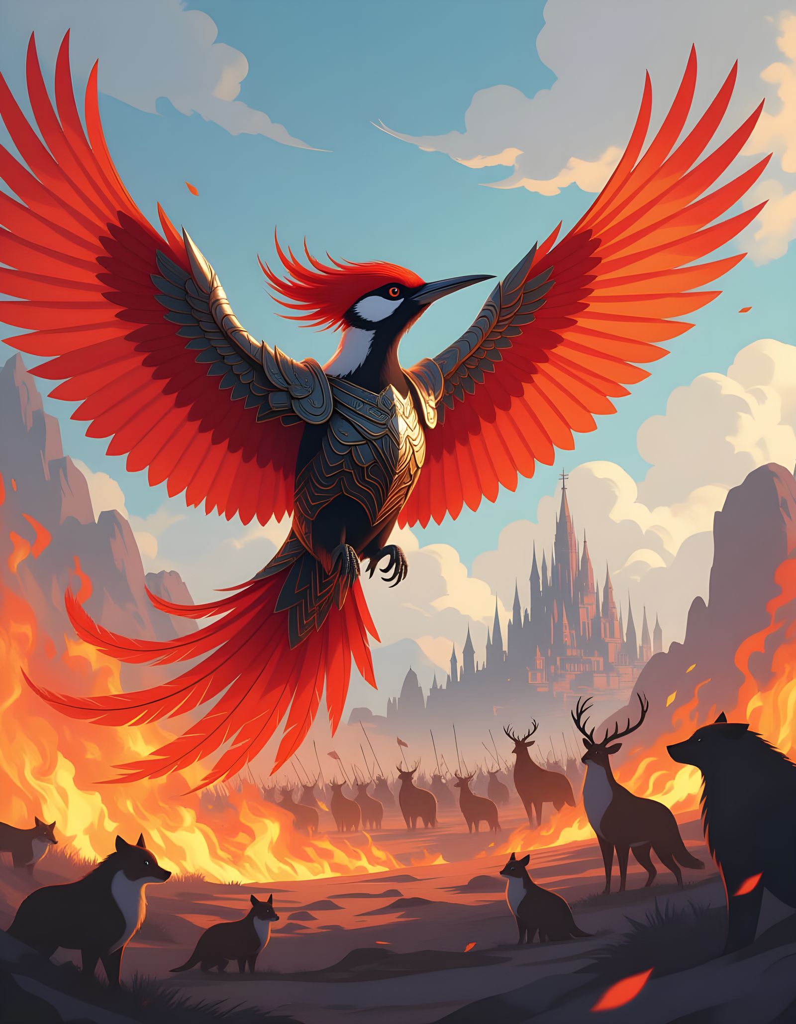 Armored Phoenix Woodpecker in Fiery Anime Style