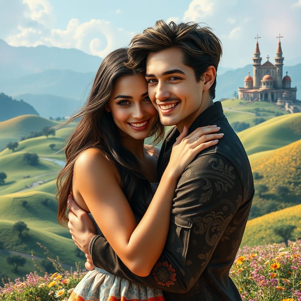 Lovers Embrace in Dreamlike Fantasy Landscape