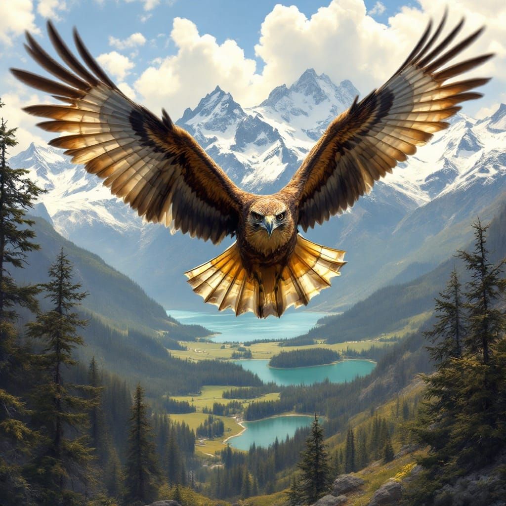 Majestic Hawk Soars Above Snow-Capped Peaks in Dramatic Land...