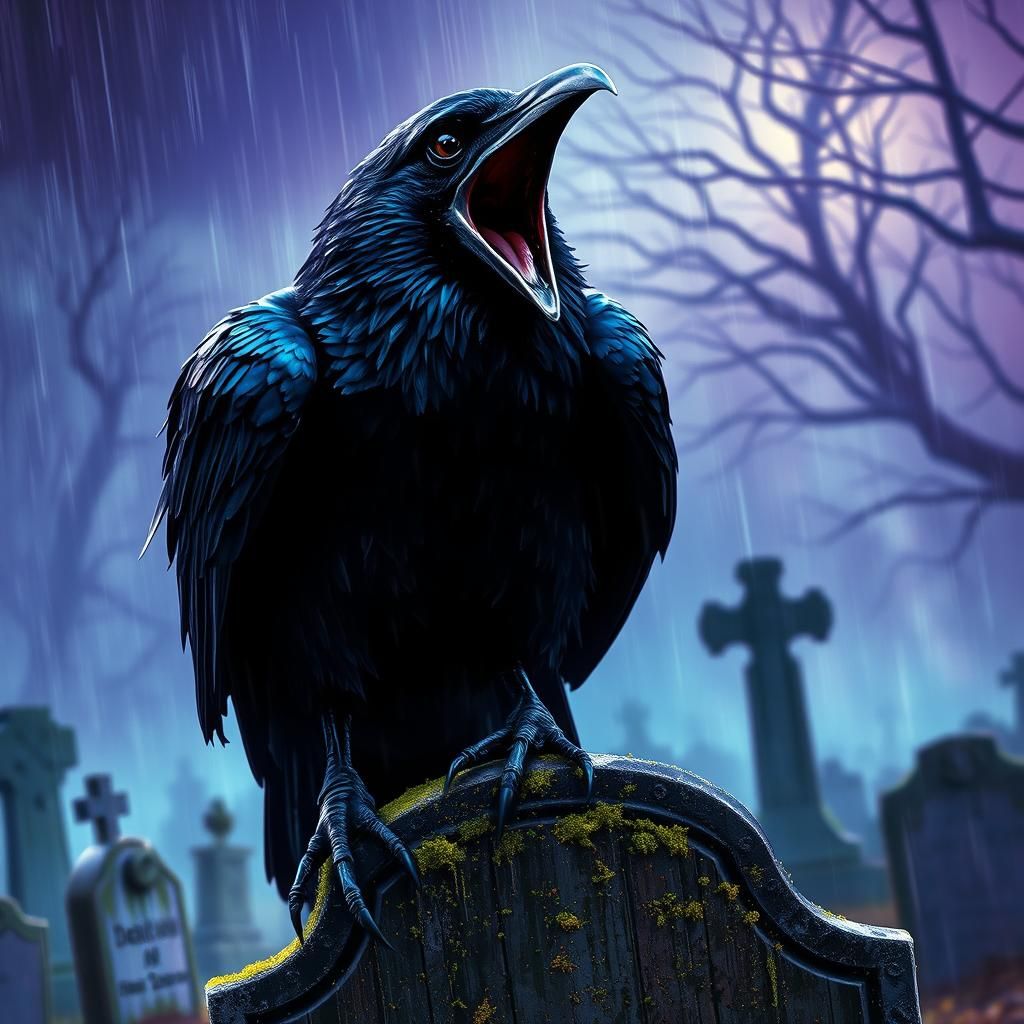 Black Raven on Tombstone in Dark Fantasy Style