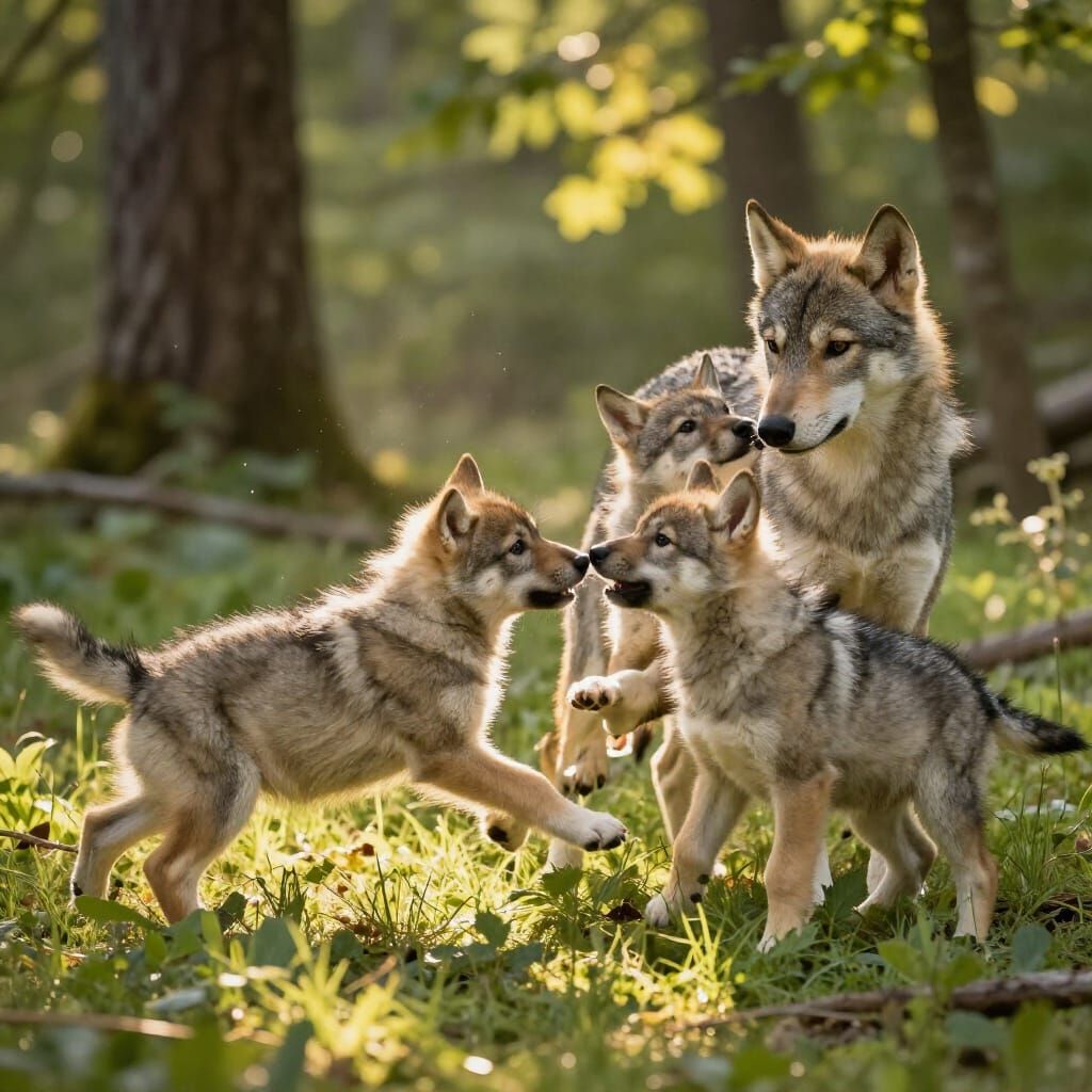 Adorable Wolf Pups Play in Sunlit Forest