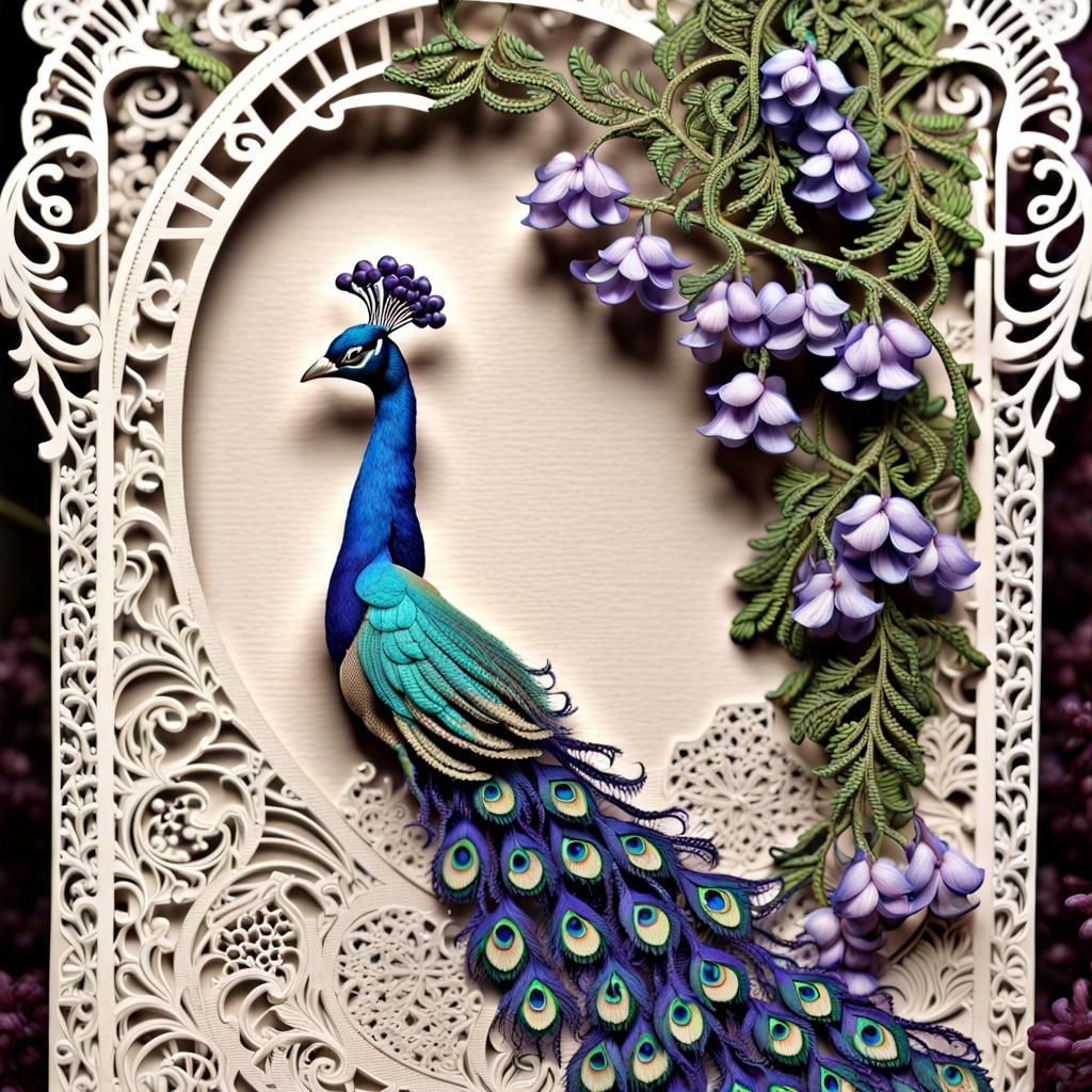 Peacock and Wisteria Lace Card: Hyperrealistic Image