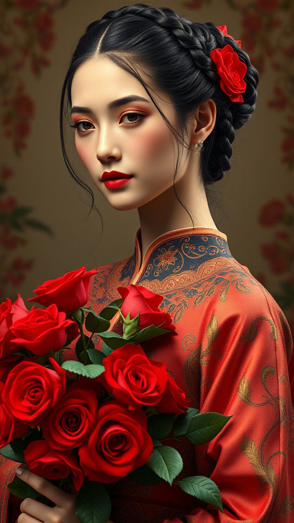 Elegant Woman with Roses in Art Nouveau Style