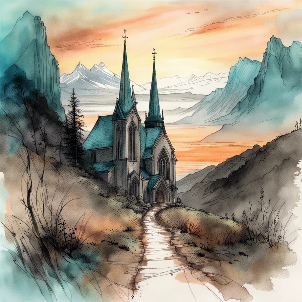 Gothic Church Amidst Mountains: Ink Wash Painting