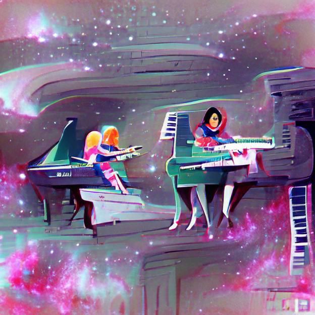 Women Play Piano in Space: Digital Art