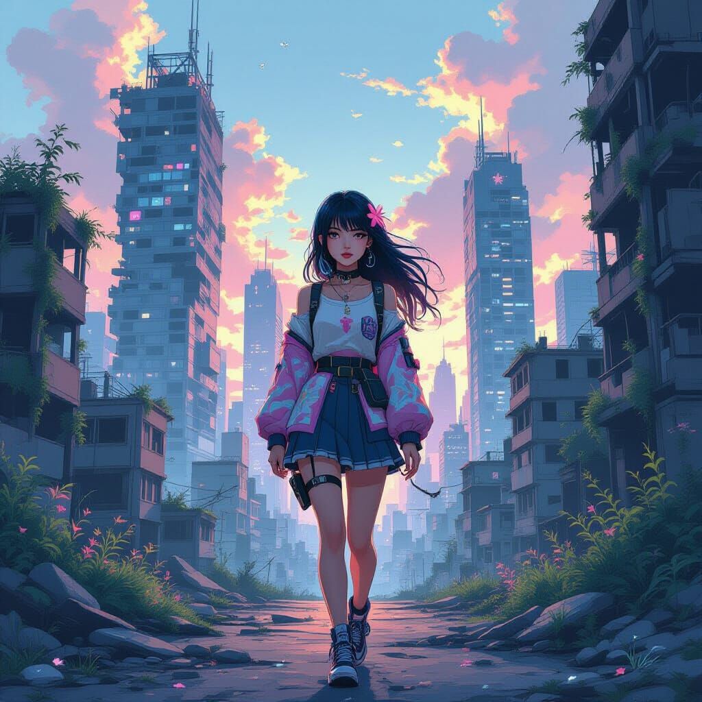 Yami Kawaii Woman in Post-Apocalyptic Anime City