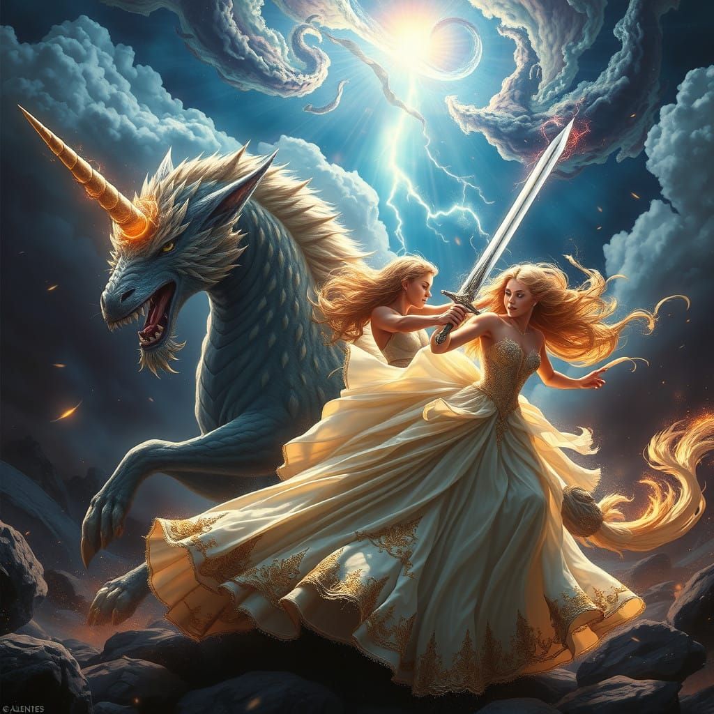 Majestic Princess Battles Iridescent Licorne in Epic Stormy....