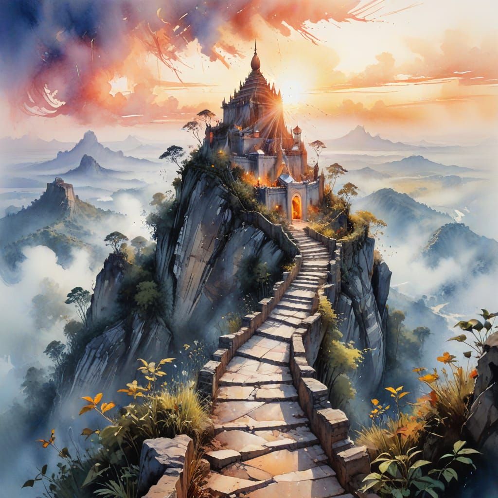 Mount Popa Monastery at Sunrise: A Watercolour Painting
