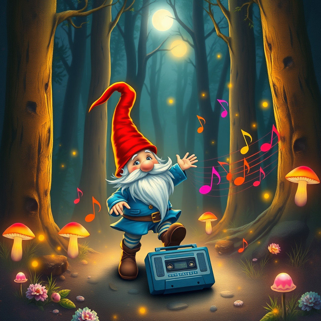 Gnome Dancing in Mystical Forest, Fantasy Art Style