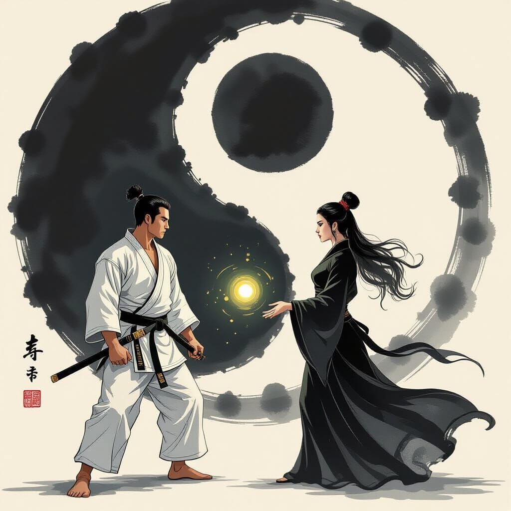 Martial Artist vs Sorceress: Ink Wash Painting