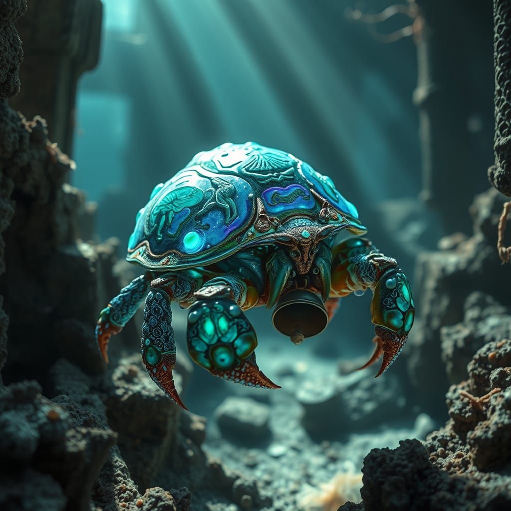 Bioluminescent Hermit Crab in Sunken City Ruins