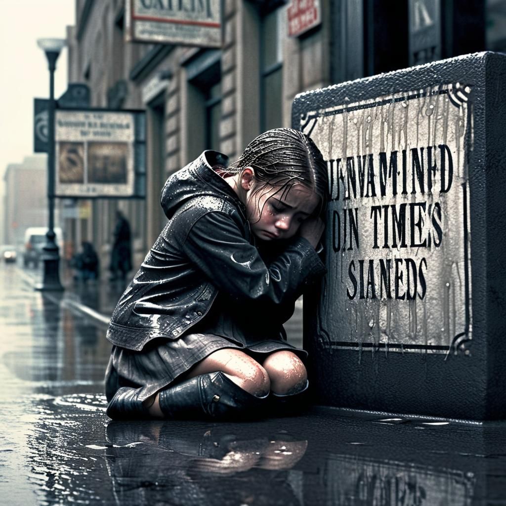 Sad Girl in Rain: Hyperrealistic Street Scene