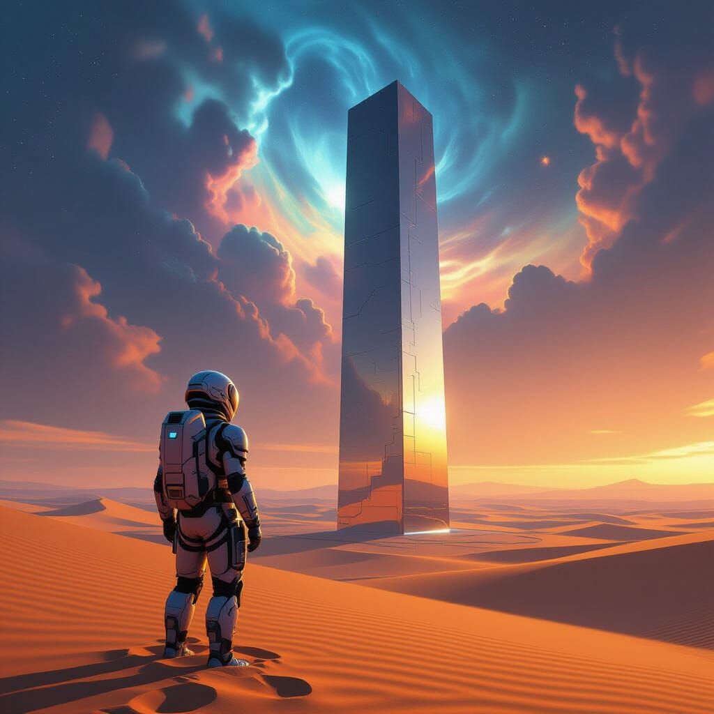 Chrome Monolith on Alien Planet in Cinematic Style