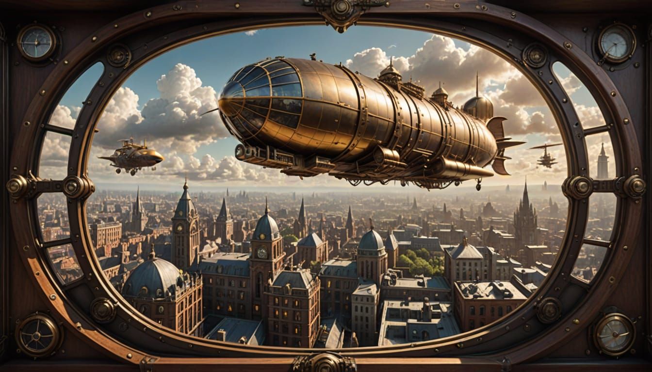 Victorian-Style Airship Cityscape in Steampunk