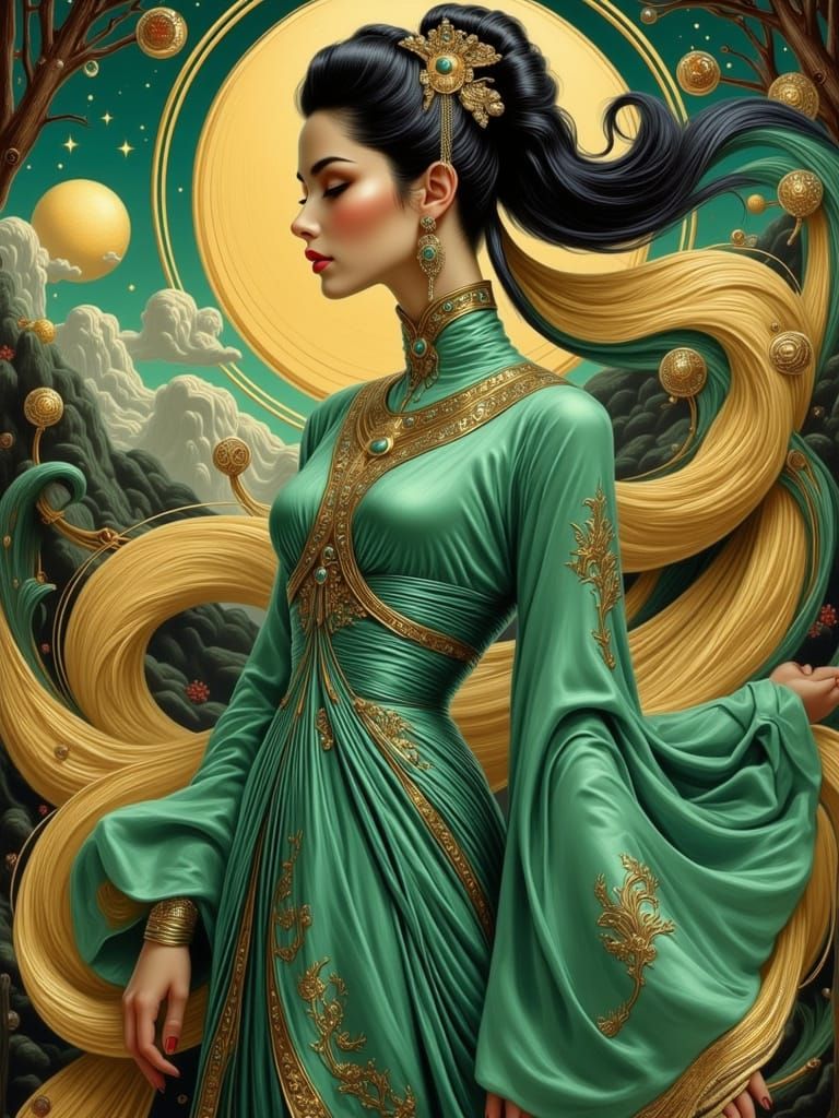 Qi Kingdom Woman in Retro-Futuristic Digital Art Style