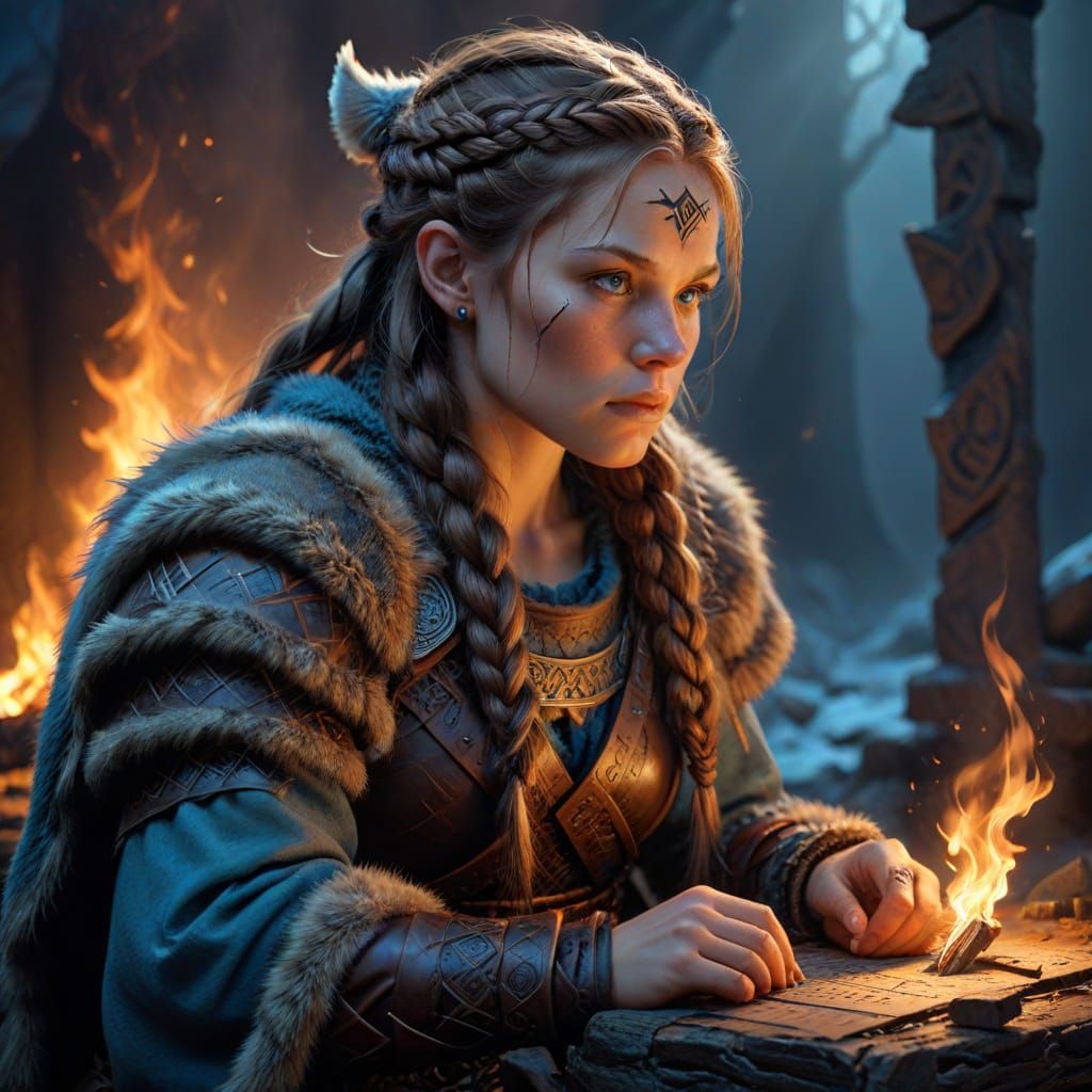 Viking Woman Studying Glowing Runes in Oil Painting Style